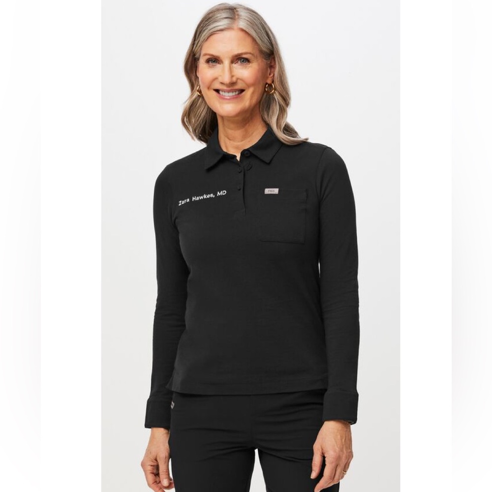 Figs Black Technical Pique Long Sleeve Scrub Top